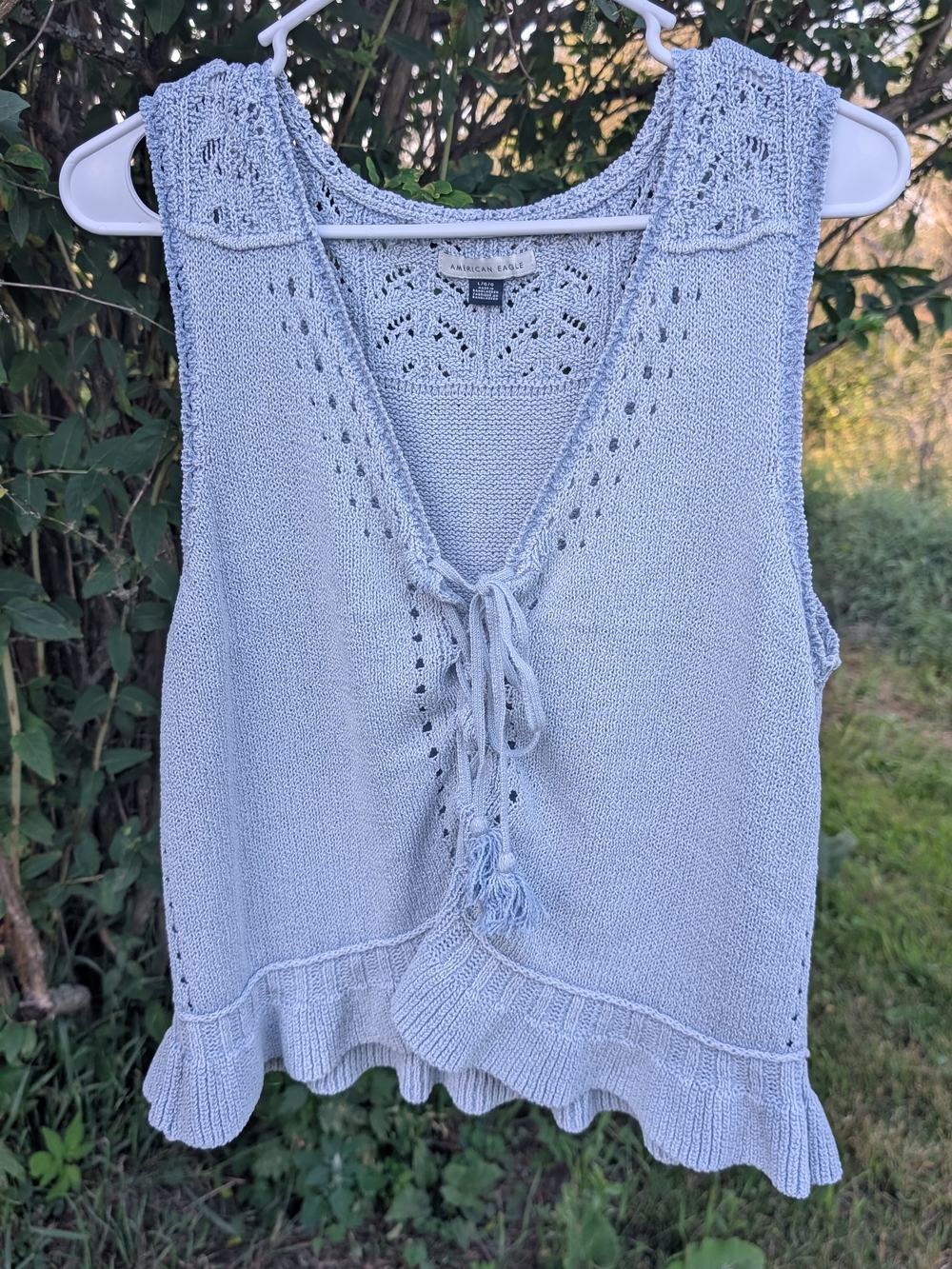 American Eagle Outfitters Pale Blue Knit Lace-Up Ruffle Tank
